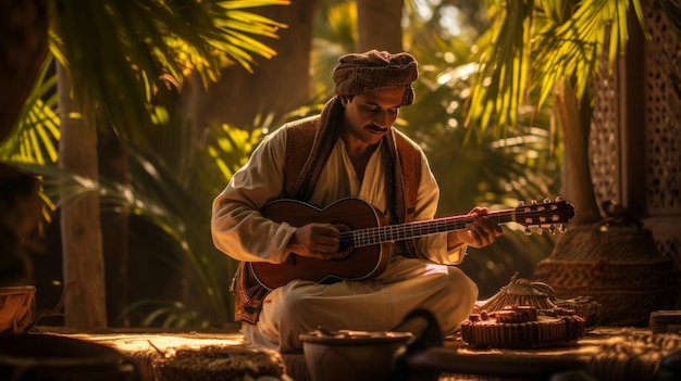 Foto um homem sentado de pernas cruzadas no chão tocando uma guitarra