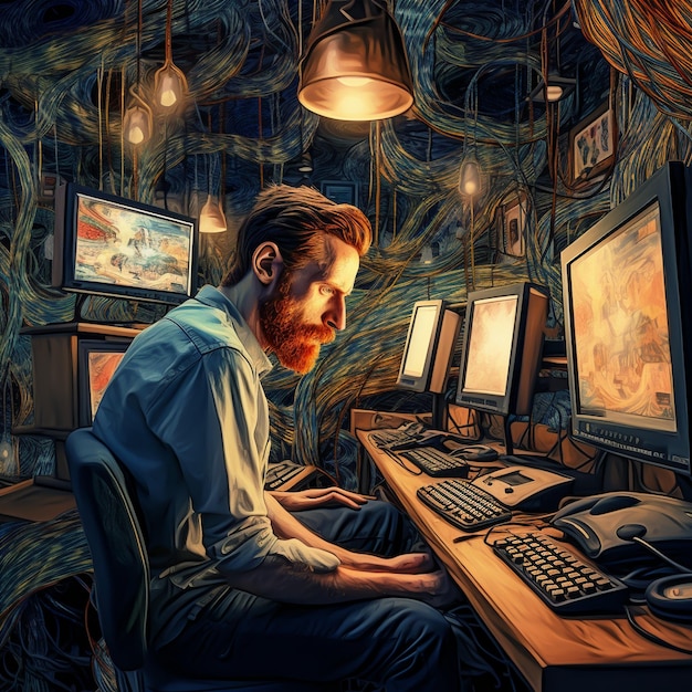 um homem sentado em frente a um computador com uma barba ruiva.