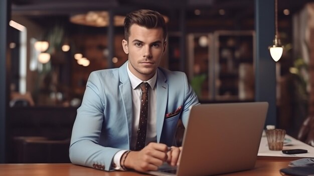 Um homem sentado em frente a uma planta com um laptop à sua frente