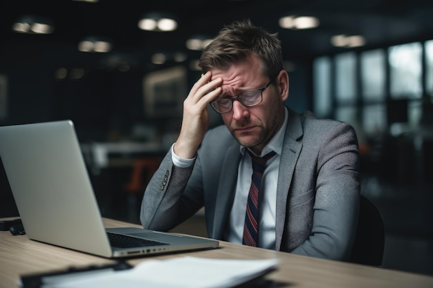 Um homem sentado em frente ao seu computador portátil concentrado e envolvido em seu trabalho empresário frustrado sentado na mesa no escritório AI gerado