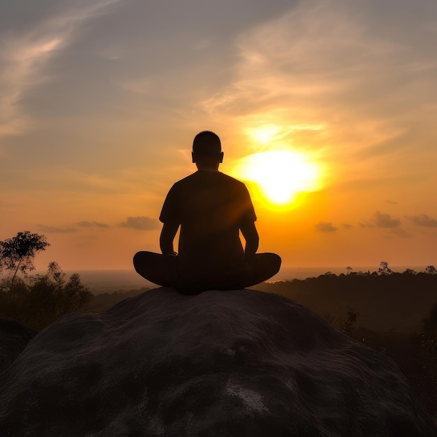 Um homem sentado em posição de ioga ao pôr do sol, imagem traseira, IA generativa