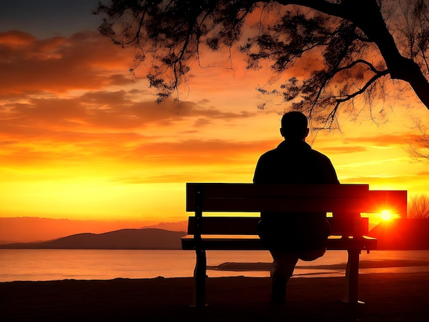 Um homem sentado em um banco em frente ao pôr do sol