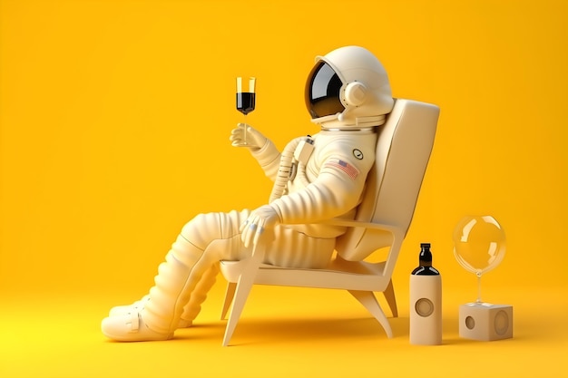 Um homem sentado em uma cadeira amarela com uma taça de vinho e uma garrafa de vinho
