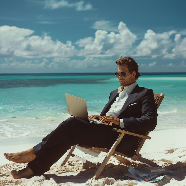 Foto um homem sentado em uma cadeira em uma praia com um laptop