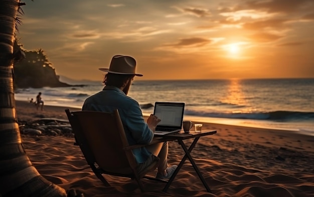 Um homem sentado em uma cadeira em uma praia trabalhando em um laptop AI