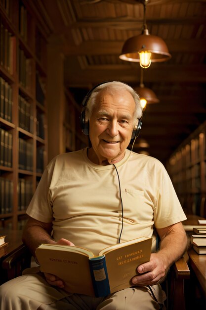 um homem sentado em uma cadeira lendo um livro com fones de ouvido na cabeça e uma lâmpada acima dele e um livro