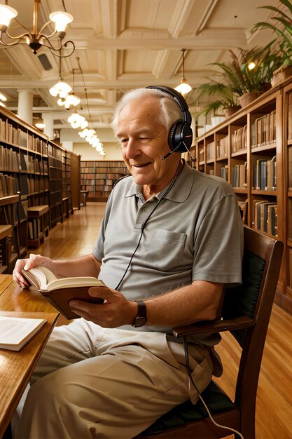 Foto um homem sentado em uma cadeira lendo um livro em uma biblioteca com fones de ouvido na cabeça e um livro no colo