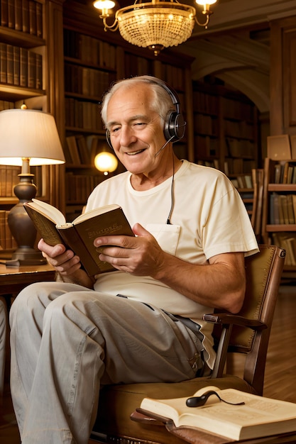 um homem sentado em uma cadeira lendo um livro em uma biblioteca com uma luminária na mesa lateral e uma luminária na