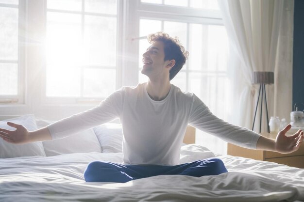 um homem sentado em uma cama com os braços abertos