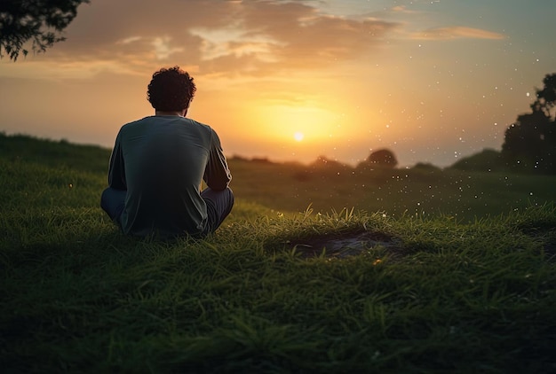 um homem sentado em uma colina de grama no início da noite com um nascer do sol no céu no estilo de