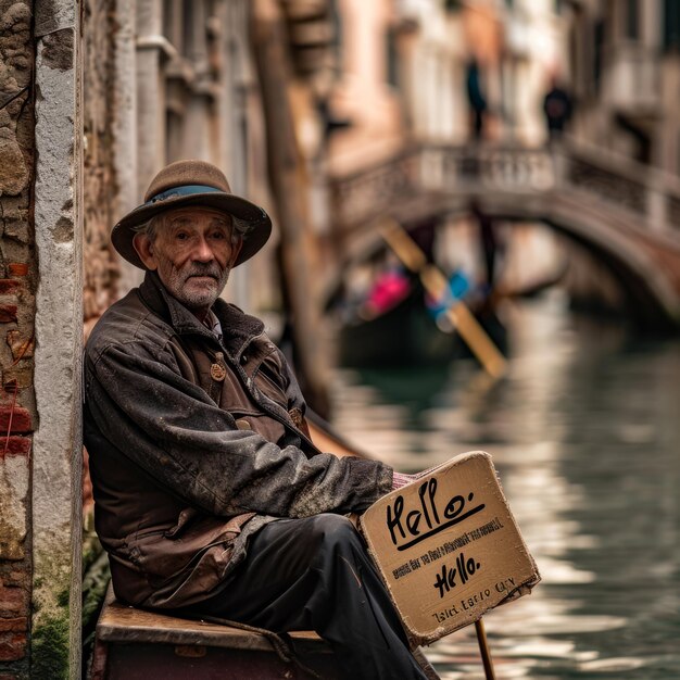 um homem sentado em uma mala ao lado de um canal