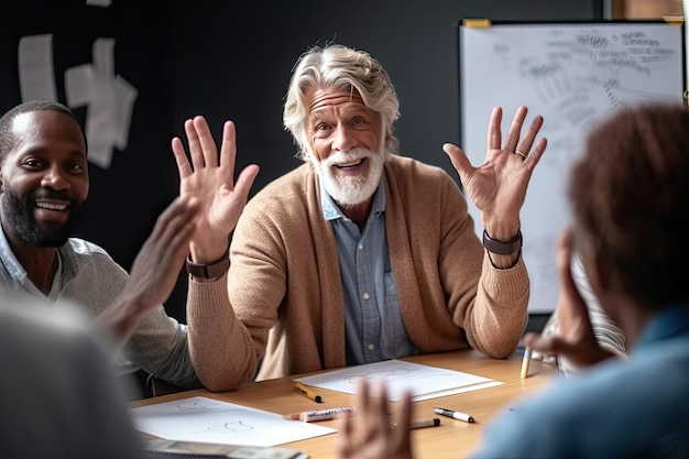 Foto um homem sentado em uma mesa com as mãos levantadas generative ai