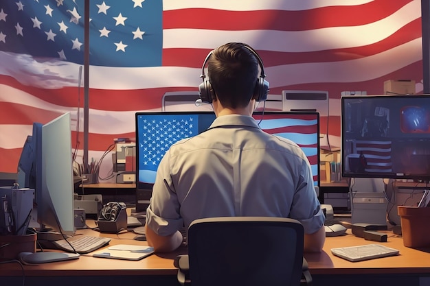 Um homem sentado em uma mesa com um computador e uma bandeira americana