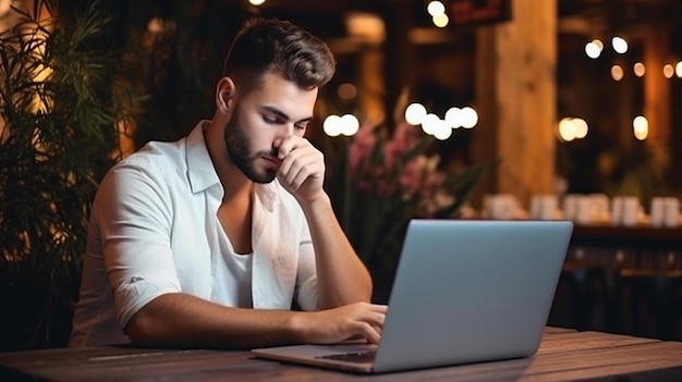 um homem sentado em uma mesa com um laptop