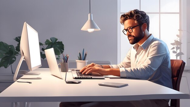 Um homem sentado em uma mesa com um laptop