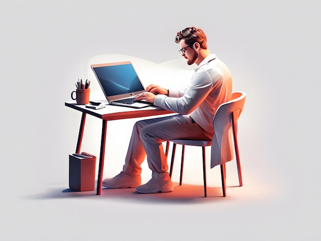 Um homem sentado em uma mesa com um laptop