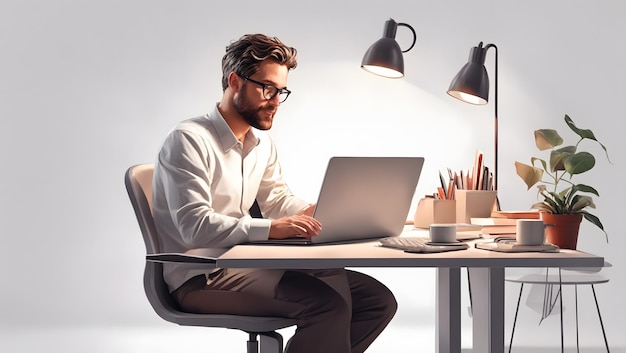 Um homem sentado em uma mesa com um laptop