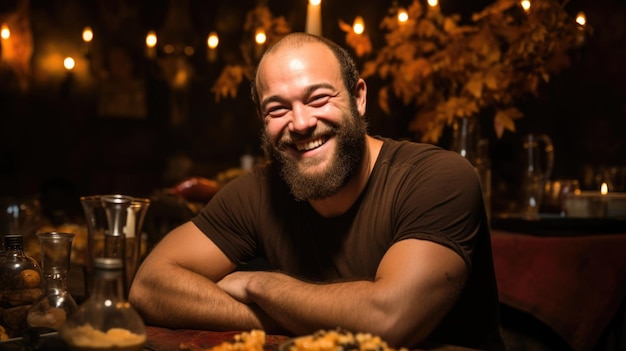 Um homem sentado em uma mesa com um prato de comida ai