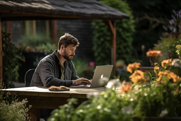 Foto um homem sentado em uma mesa do lado de fora usando um laptop