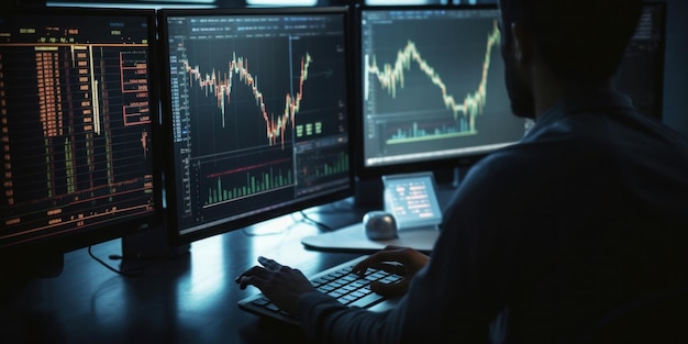 Um homem sentado em uma mesa em frente a dois monitores de computador