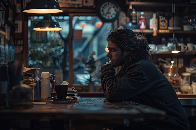 Um homem sentado em uma mesa em um restaurante