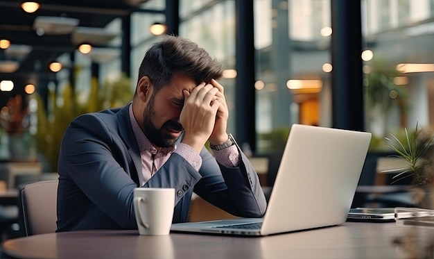 Um homem sentado em uma mesa na frente de um computador portátil