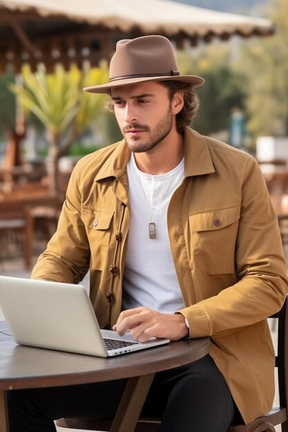 Foto um homem sentado em uma mesa usando um laptop