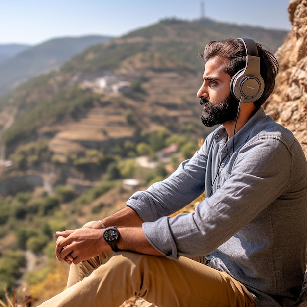 um homem sentado em uma pedra com fones de ouvido