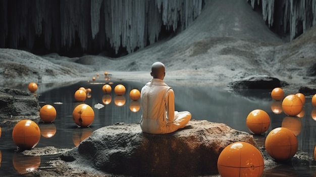 Um homem sentado em uma pedra em frente à água com esferas laranjas Generative AI Art