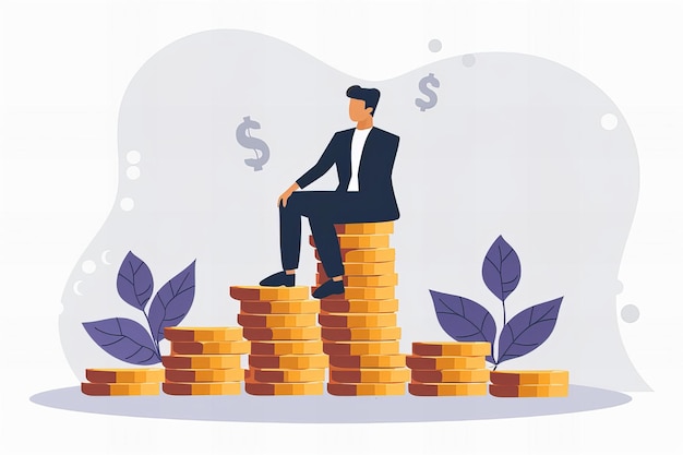 Um homem sentado em uma pilha de moedas sob sinais de dólar