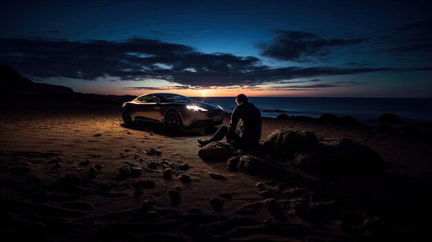 um homem sentado em uma praia com um carro ao fundo