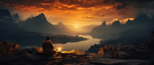 um homem sentado em uma rocha olhando para o pôr do sol