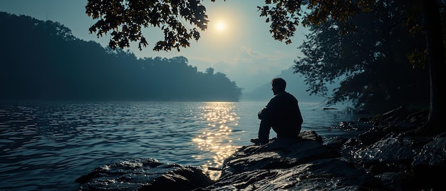 um homem sentado em uma rocha perto da água