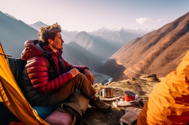 Um homem sentado em uma tenda ao lado de uma imagem ai generativa de montanha