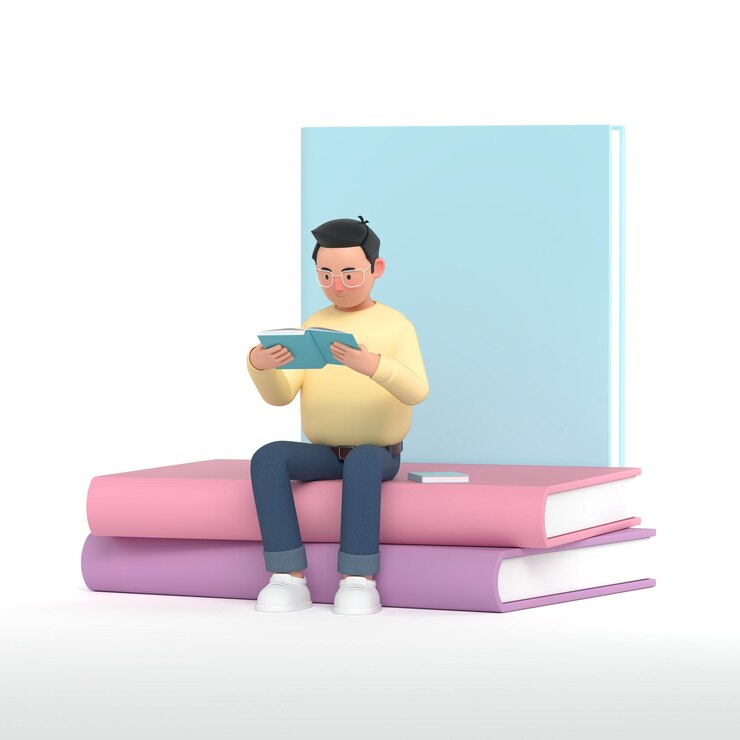Um homem sentado lendo atentamente um livro em uma pilha de livros cena 3D