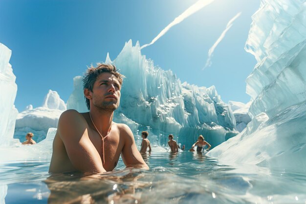 Um homem sentado na água com icebergs ao fundo. Aquecimento global. Pessoas se banham entre o gelo.