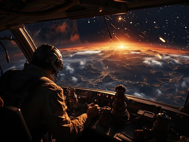 Foto um homem sentado na cabine de um avião olhando para a terra ia generativa