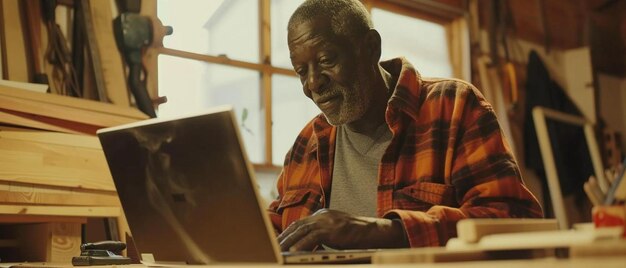 um homem sentado na frente de um computador portátil