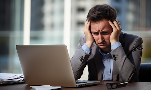 Um homem sentado na frente de um computador portátil