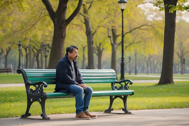 Foto um homem sentado no banco de um parque sozinho