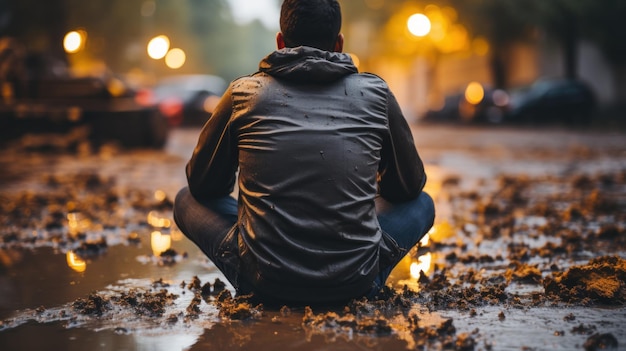 Um homem sentado no chão na chuva generativa ai imagem