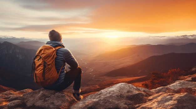 Um homem sentado no topo de uma montanha olhando para o sol com uma mochila nas costas