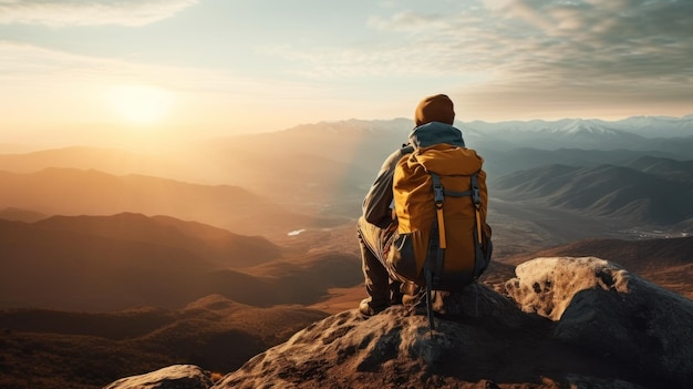 Um homem sentado no topo de uma montanha olhando para o sol com uma mochila nas costas