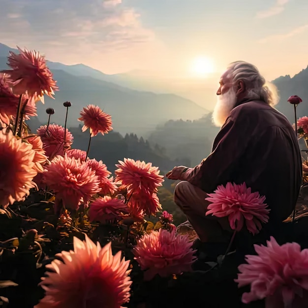 Foto um homem sentado num campo de flores