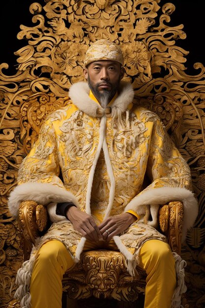 um homem sentado num trono de ouro vestindo uma coroa