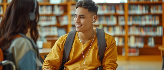 Um homem sentado numa biblioteca com fones de ouvido