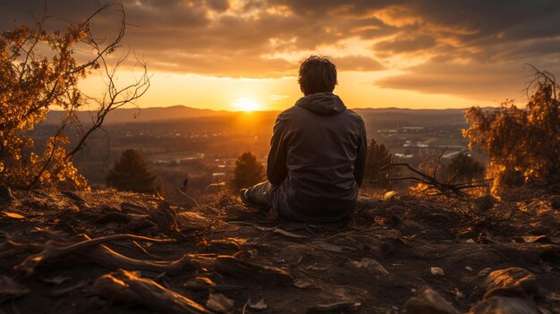 Um homem sentado numa colina a desfrutar do pôr-do-sol.