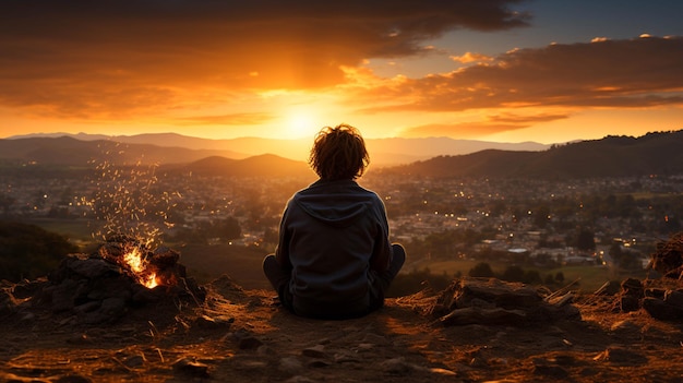 Um homem sentado numa colina a desfrutar do pôr-do-sol.