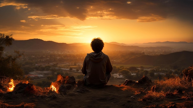 Um homem sentado numa colina a desfrutar do pôr-do-sol.