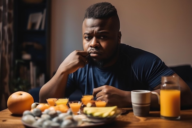 Um homem sentado tomando café da manhã durante sua ressaca Ai gerou